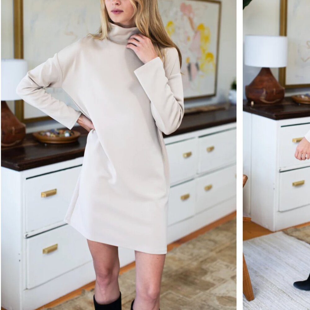 Emerson Fry Edie Turtleneck Dress Wheat Beige Turtleneck Long Sleeve XS